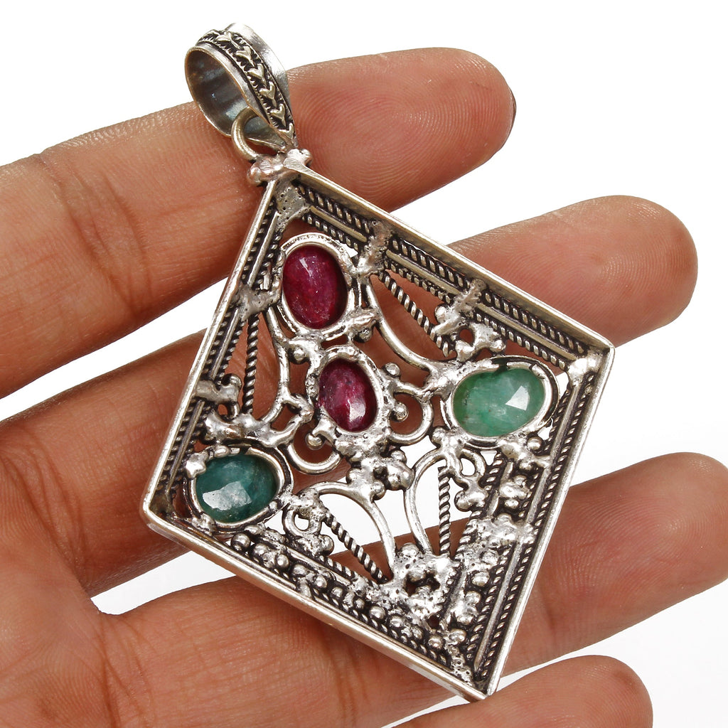 21.20gm Multi Gems Hand Crafted German Silver Pendant Women Jewelry 3 inch