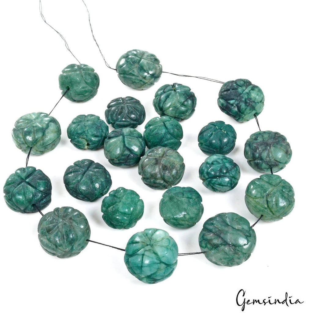 460 Cts/21 Pcs Natural Green Emerald Round Pumpkin Carved Drilled Bead Gems Lot