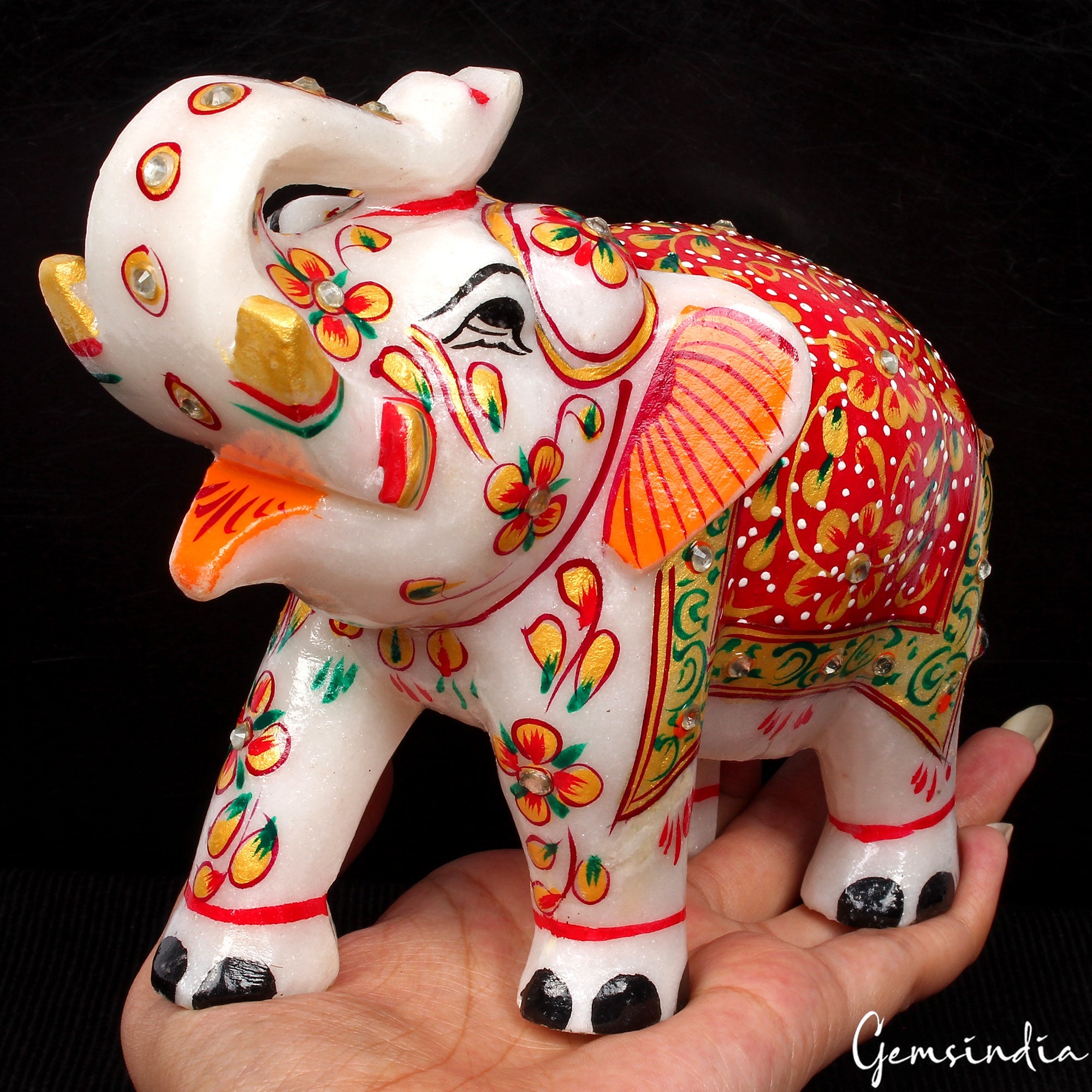 1.6 Kg Marble Elephant Statue Trunk Up Hand Paint Indian Art Home Deor Figurine