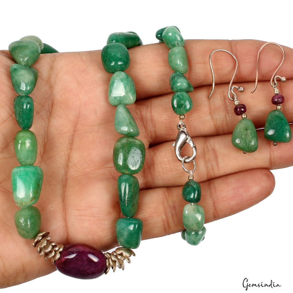 325 Ct Natural Emerald Ruby Tumble Cab Beaded Handmade Necklace with Earrings