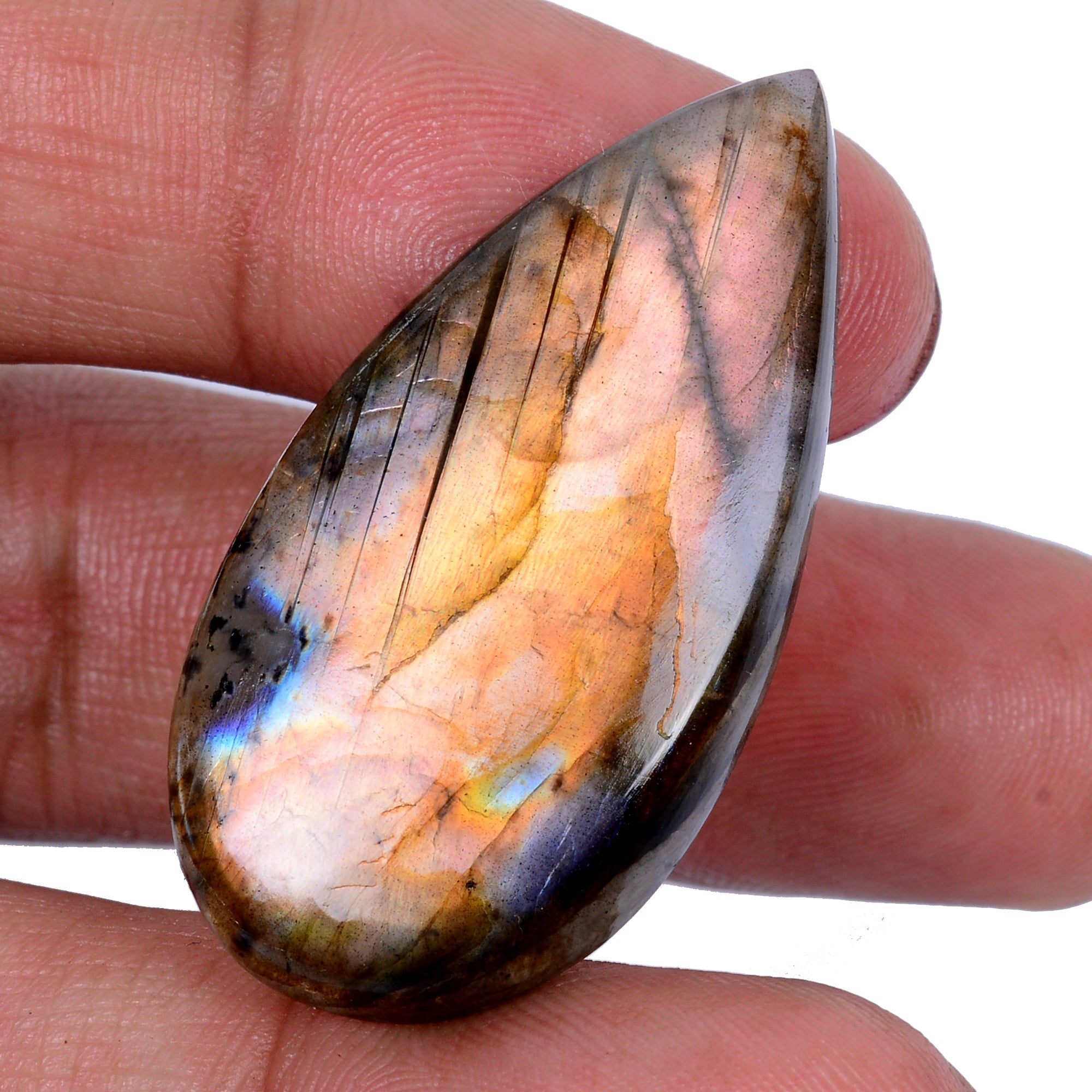Certified 36.80 Cts Pink Peach Shine Pear Cabochon Loose Labradorite Gemstone