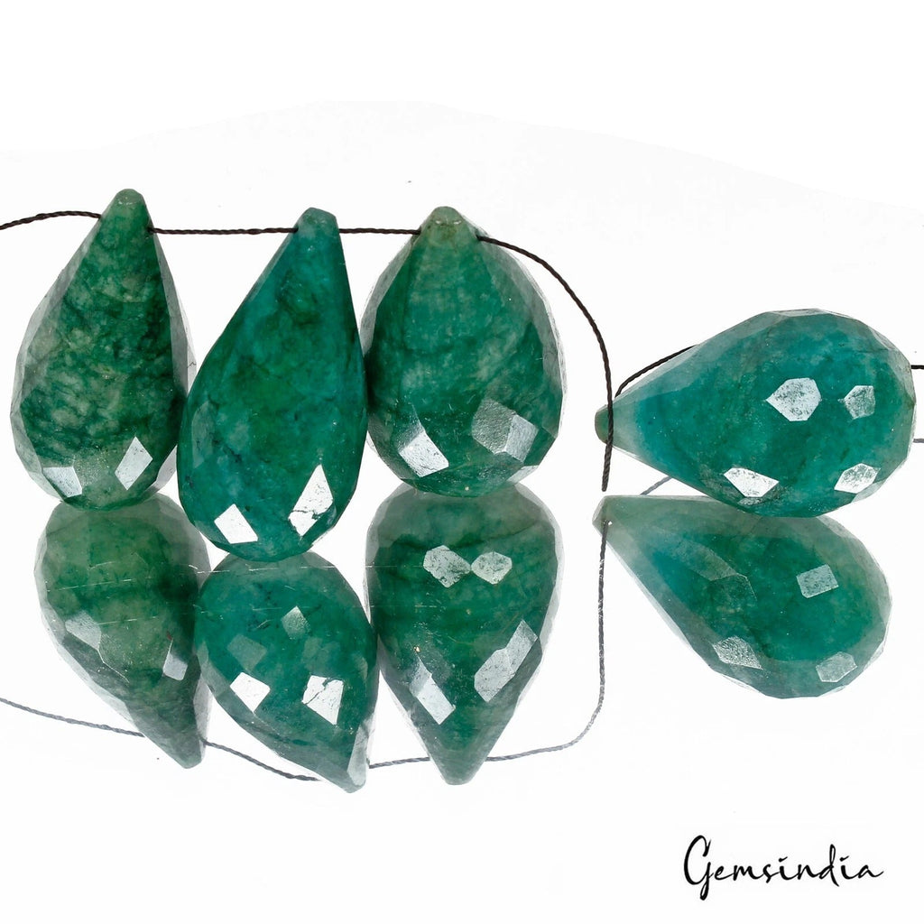 4 Pcs Natural Brazilian Green Emerald Pear Drop Checker Cut Drilled Briolettes