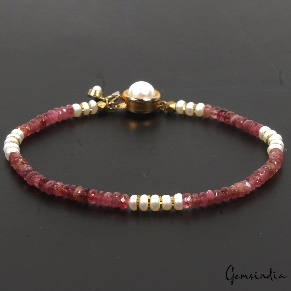 33.20 Cts Natural Pink Tourmaline Pearl Round Cut Beaded Handmade Bracelet 7.5"