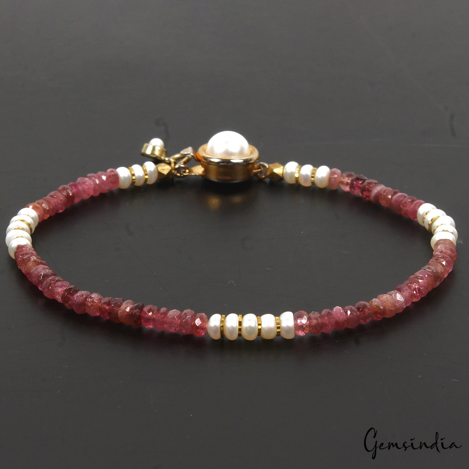 33.20 Cts Natural Pink Tourmaline Pearl Round Cut Beaded Handmade Bracelet 7.5"
