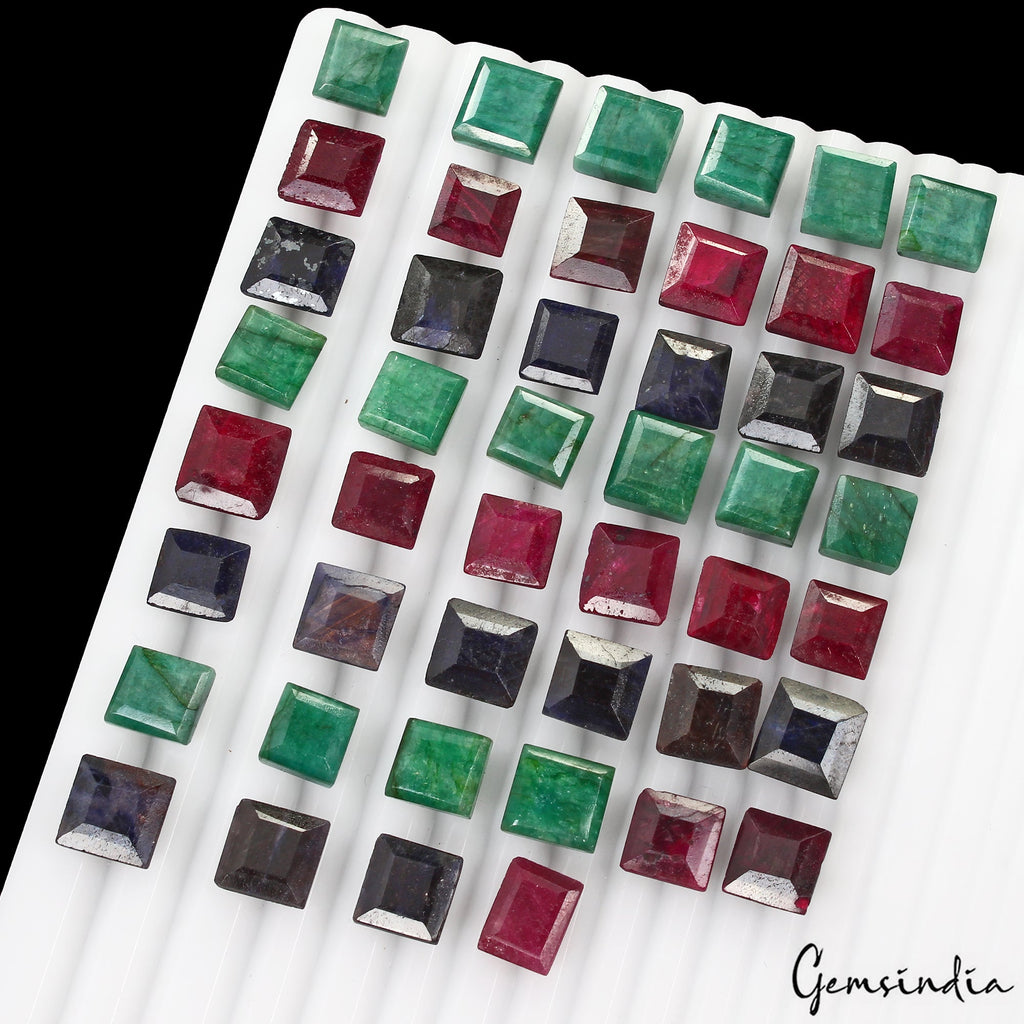 380 Ct Natural Ruby Emerald Sapphire Square Cut Wholesale Gemstone Lot 46 pcs