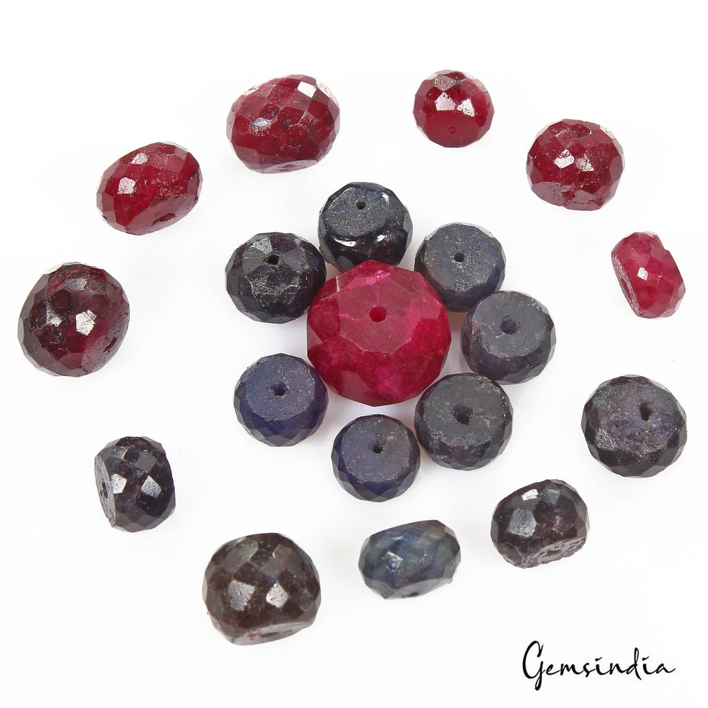 131.60 Ct/19Pcs Natural Red Ruby Blue Sapphire Round Checker Cut Drill Bead Gems