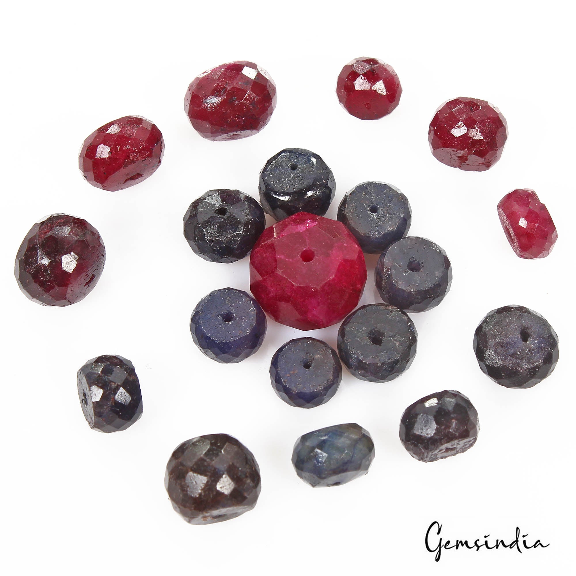 131.60 Ct/19Pcs Natural Red Ruby Blue Sapphire Round Checker Cut Drill Bead Gems