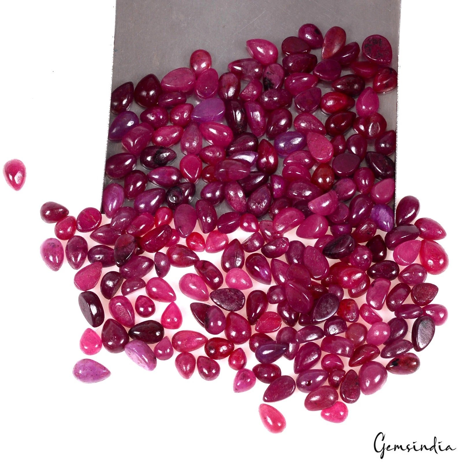 Ruby Lot, Cabochon, Pear Cabochon Gemstone, Color Enhanced — 200 Pieces, 3mm to 5mm, 72.40 Ct, Madagascar