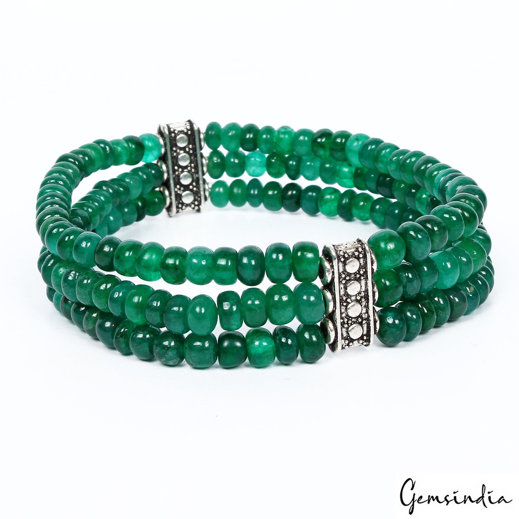 6.5 Inch Natural Zambian Emerald 3 Strand Stretchable Bracelet Jewelry For Women