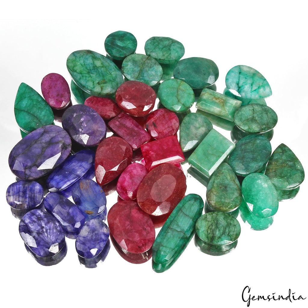1000 Cts/36 Pcs Natural Red & Blue Beryl Green Emerald Mixed Cut Wholesale Gems