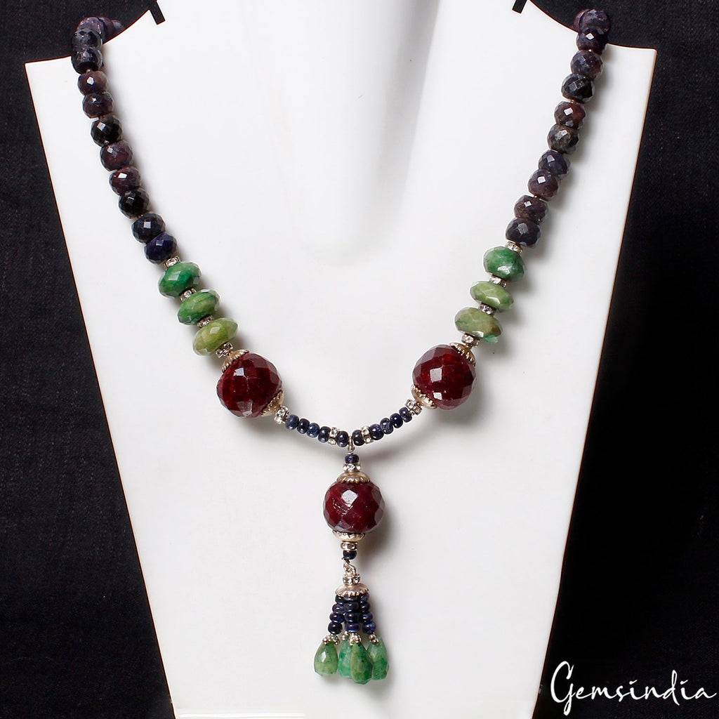 Handmade 19" Long Natural Sapphire Necklace with Emerald/Ruby Gem Beads~ 640 Cts