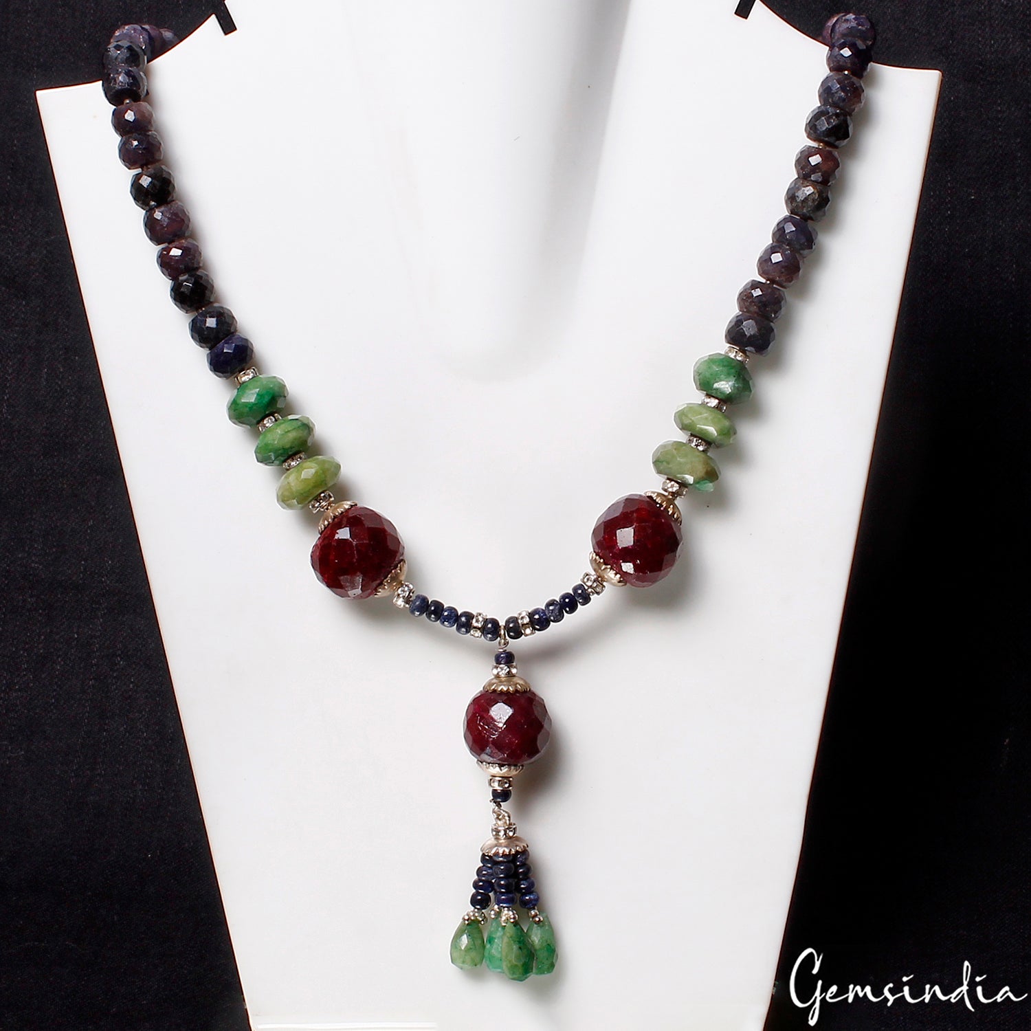 Handmade 19" Long Natural Sapphire Necklace with Emerald/Ruby Gem Beads~ 640 Cts