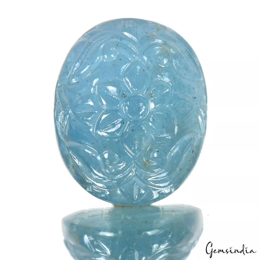 45.70 Cts Floral Carving Natural Blue Aquamarine Oval Shape AAA Grade Gemstone