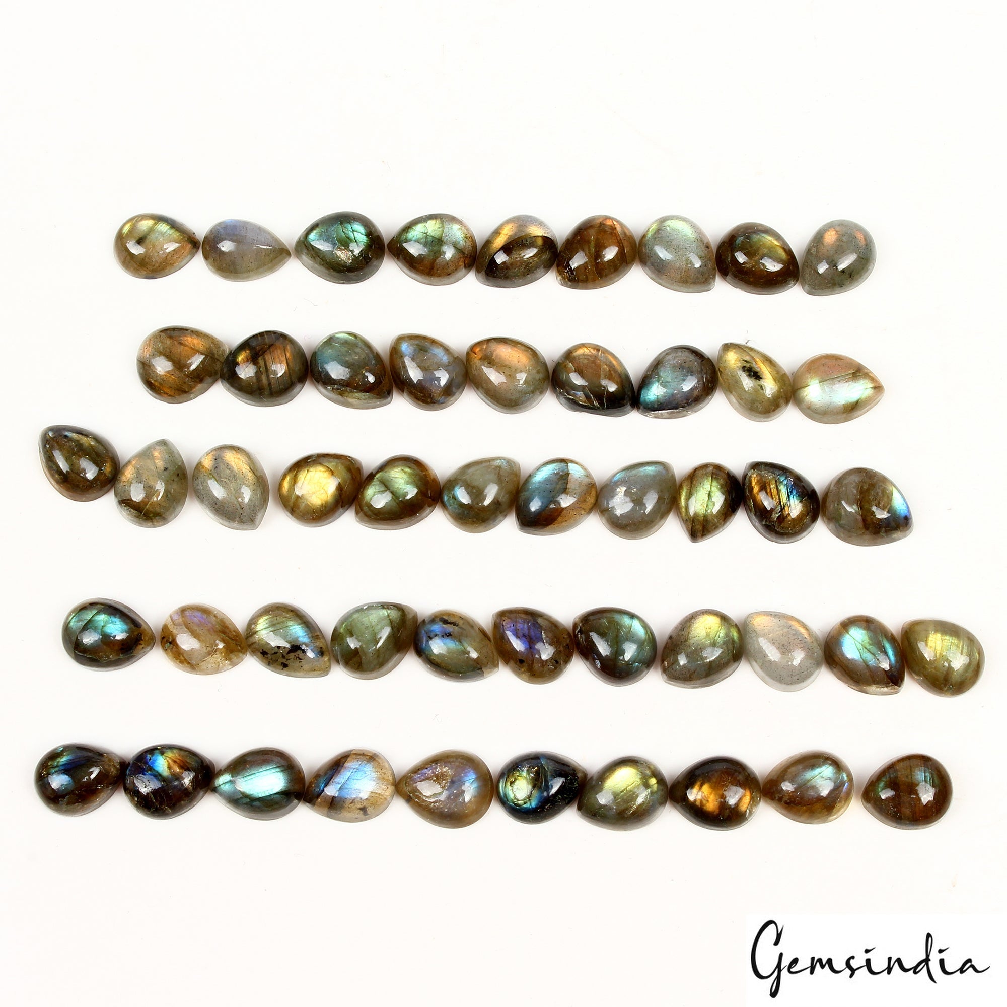 148.20 Ct/50 Pc Natural Fire Shine Labradorite Pear Cab 9-10mm Loose Gemstones