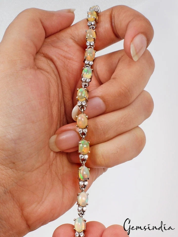 925 Sterling Silver Natural Oval Fire Opal Tennis Engagement Bracelet ~ 12.30 Gm