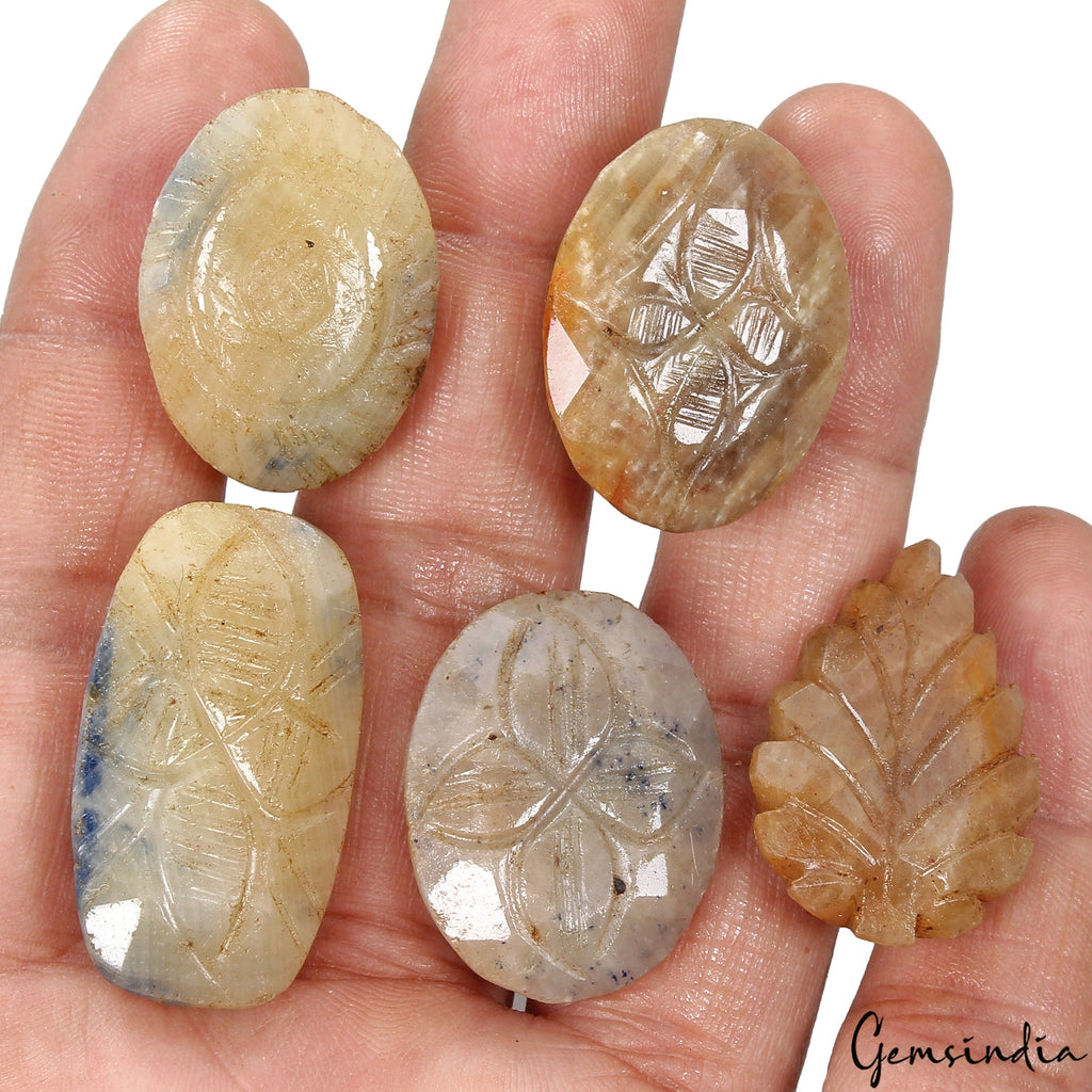 370 Ct/5Pcs Natural Untreated Yellow Brown Sapphire Mix Cut Both Side Carved Gem