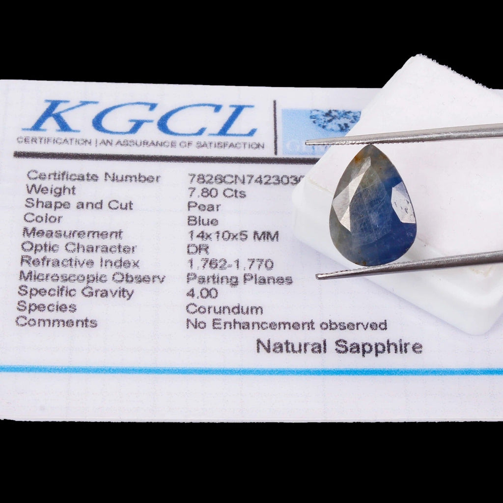 7.80 Ct Natural Blue Sapphire Certified Pear Cut Untreated Ring Size Gemstone