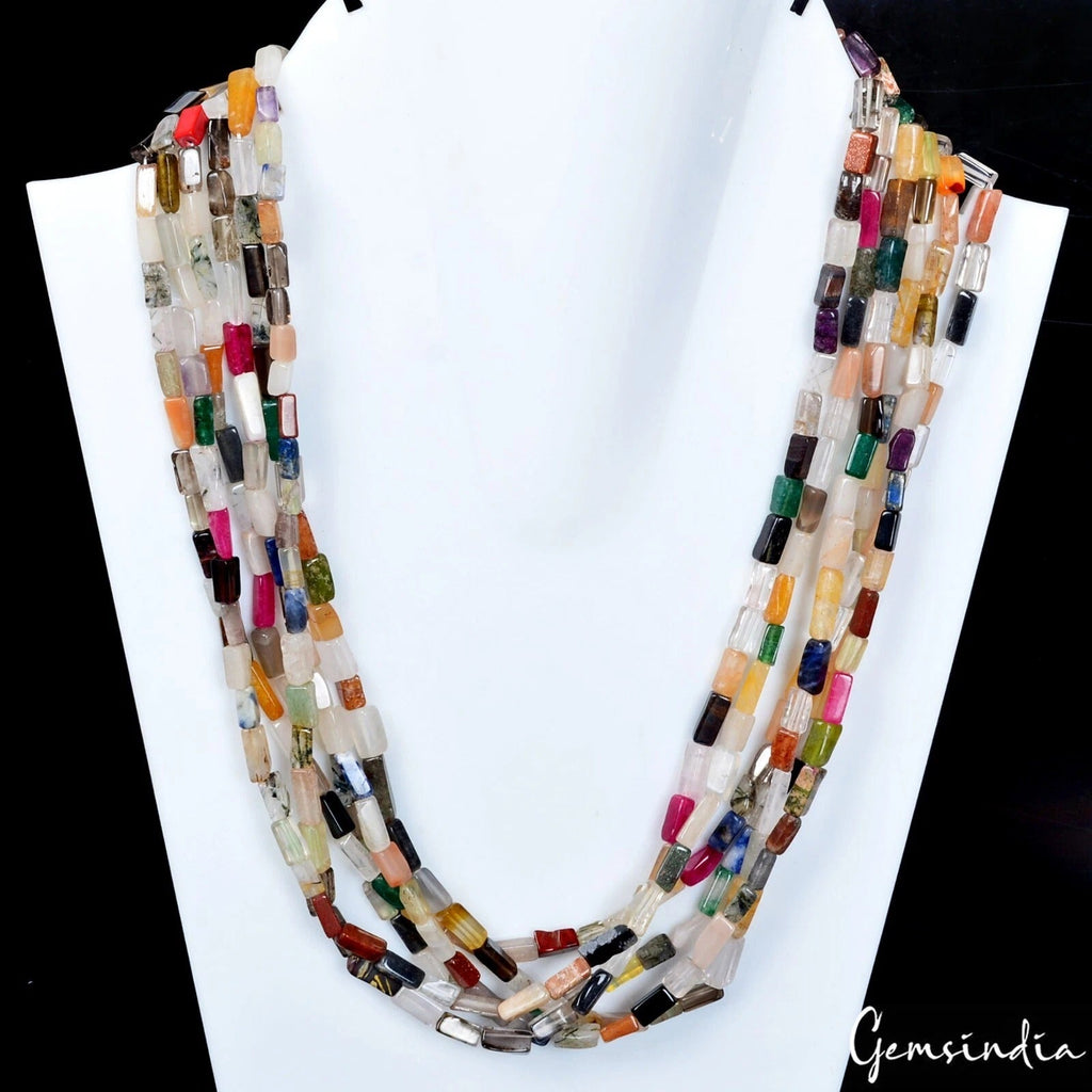 400 Ct Natural Multi Gems Baguette Cut Beads 6Layer Necklace w Golden Pearl Lock