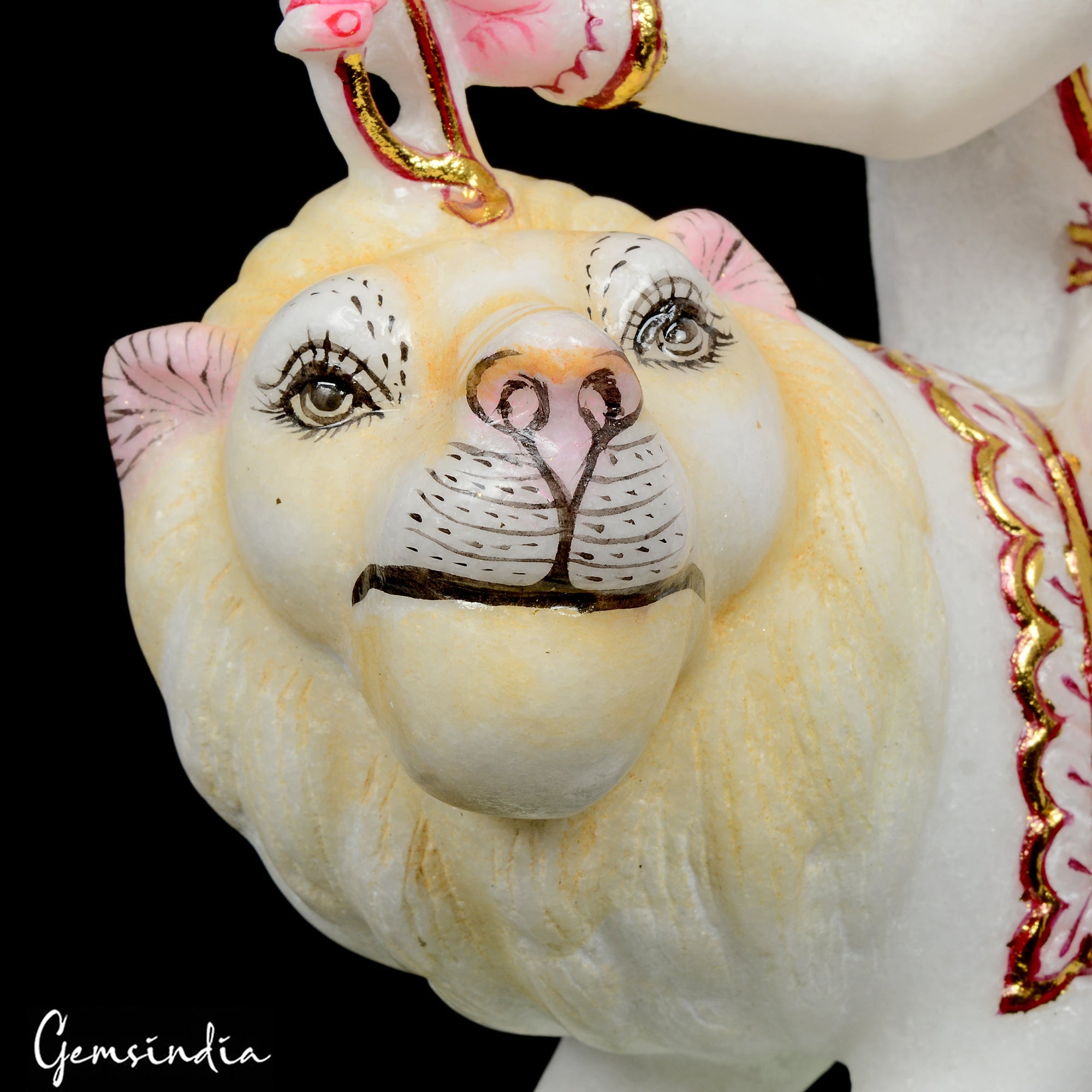 13.2" White Marble Durga Sitting on Lion Statue Hand Crafted Sculpture/ Art Work