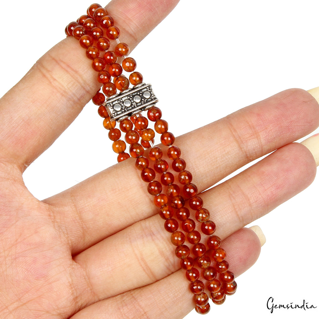 Hessonite Garnet Rondelle Cab Gemstone Beads Stretchable 3 Strand Bracelet 6.5"