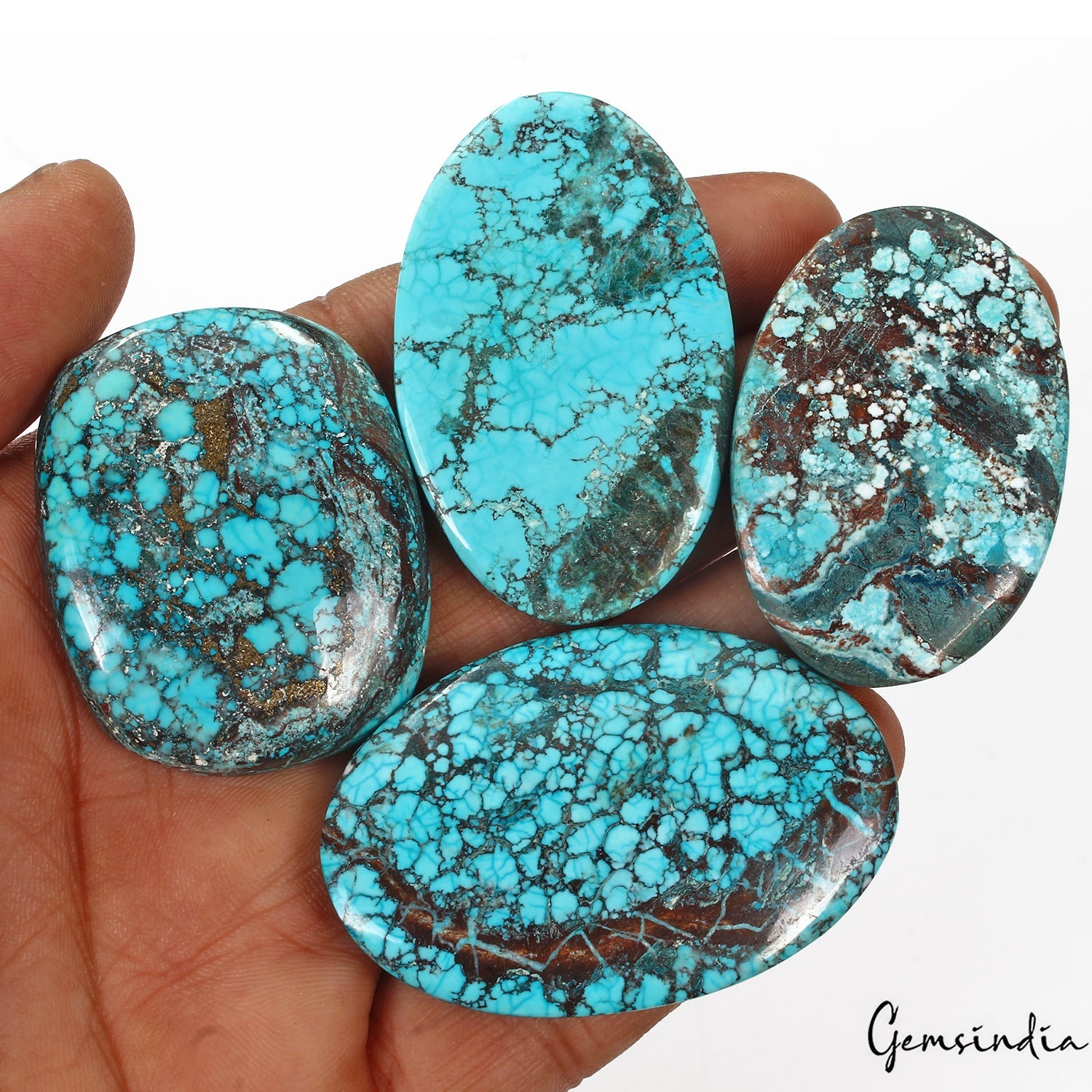 440 Ct/4 Pcs Natural Blue Spiderweb USA Turquoise Oval Cab Loose Gem For Pendant