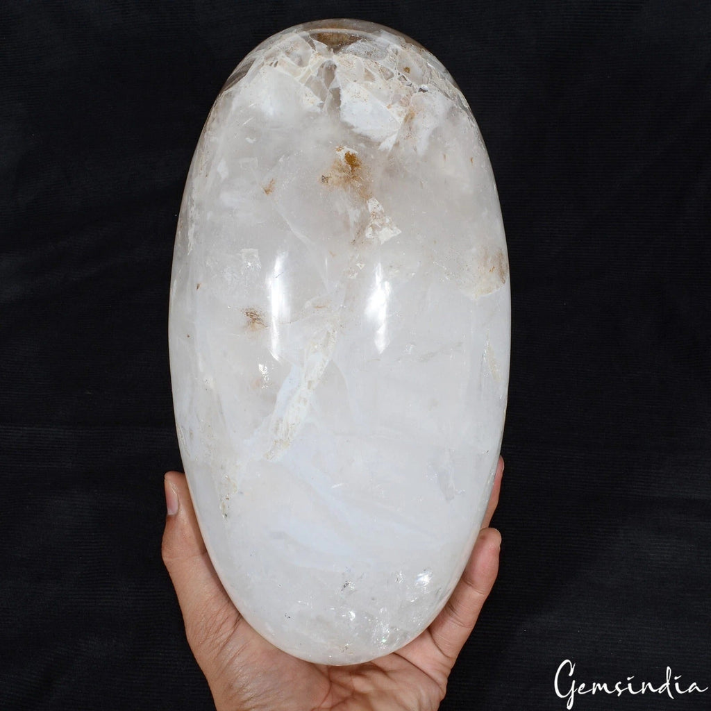 Large 9.75 inch White Quartz Crystal Lingam Handmade Oval Home Office Decorative