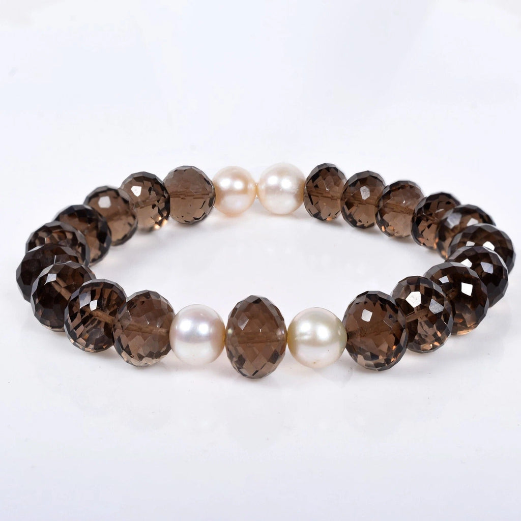 101.40 Ct Natural Brown Smoky Quartz & Pearl Beaded Stretch Handmade Bracelet-7"