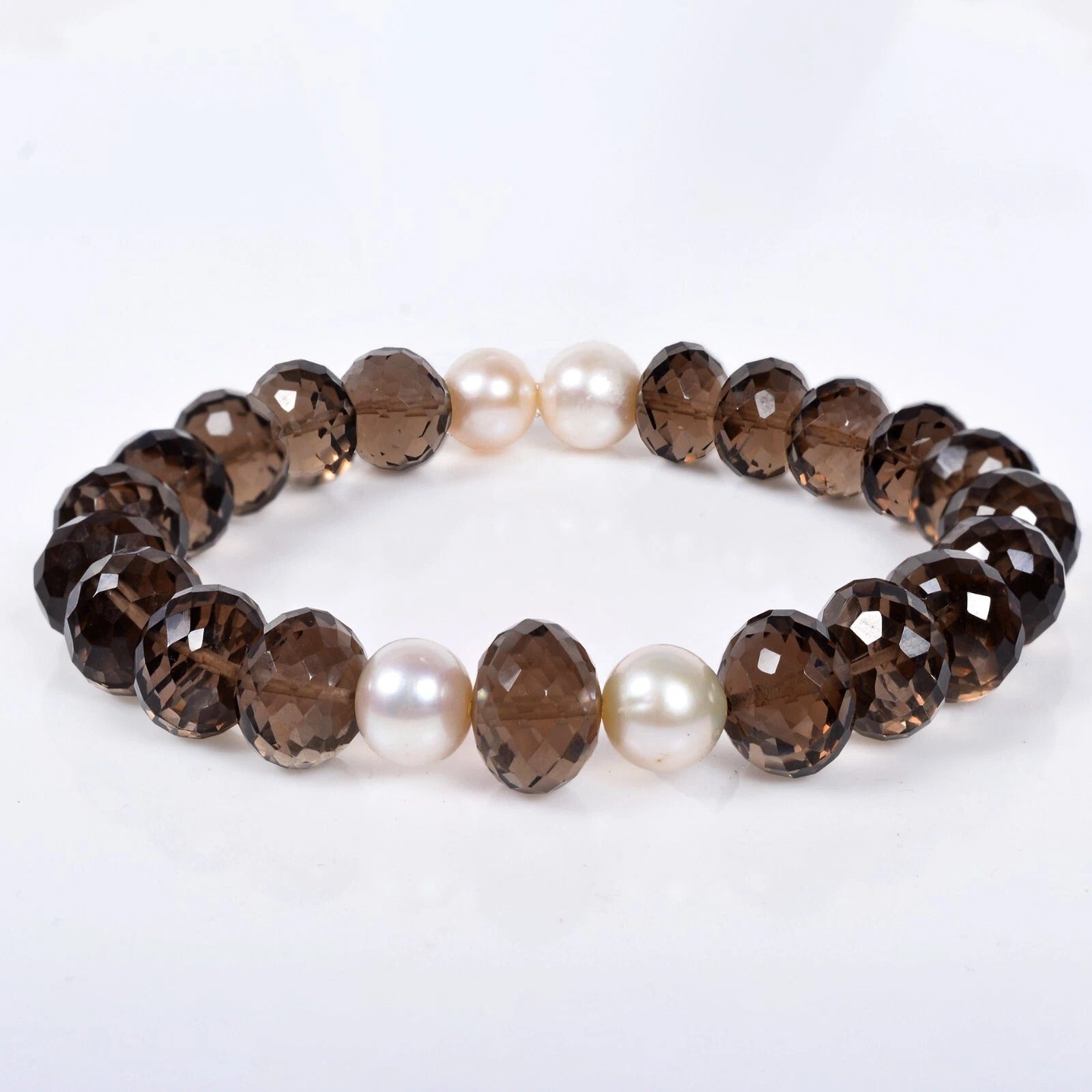 101.40 Ct Natural Brown Smoky Quartz & Pearl Beaded Stretch Handmade Bracelet-7"