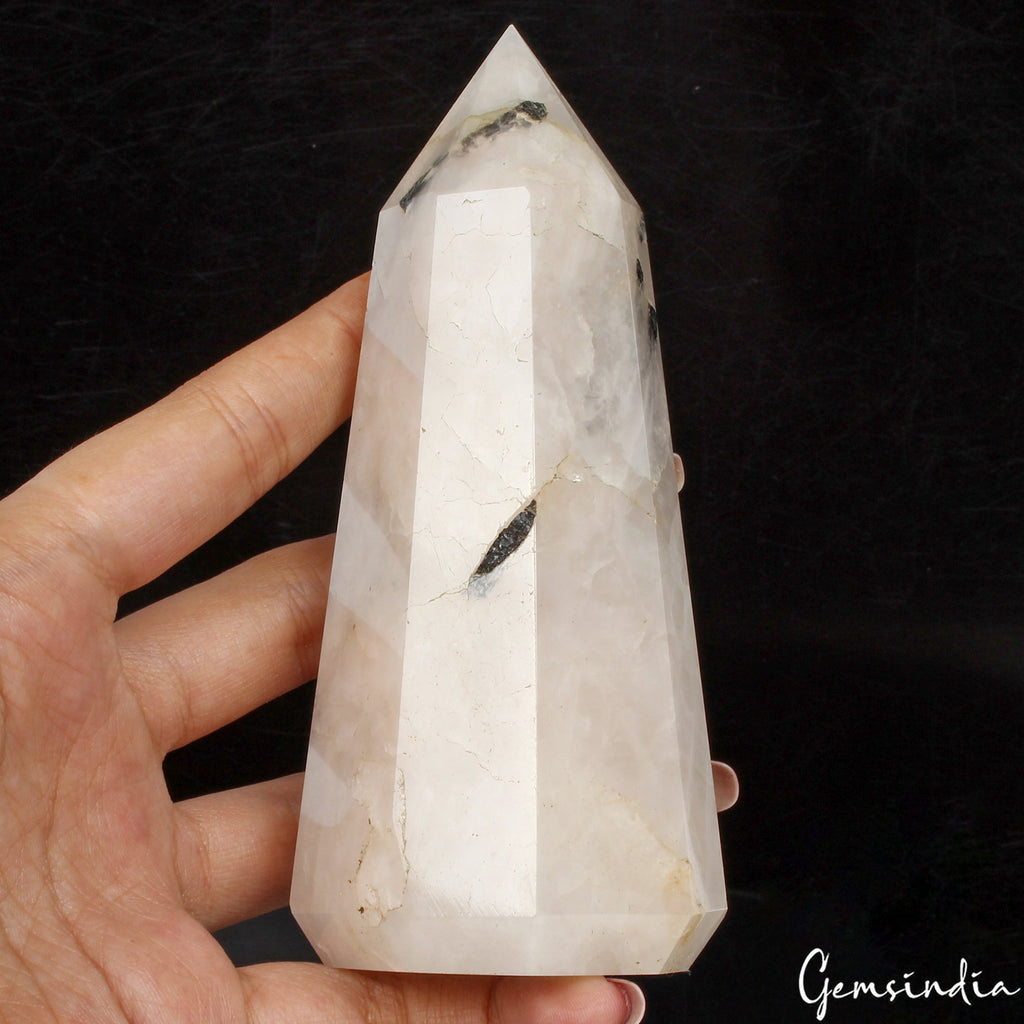 4.8" Natural Black Tourmaline Rutilated Quartz Tower Crystal Point Obelisk Stone