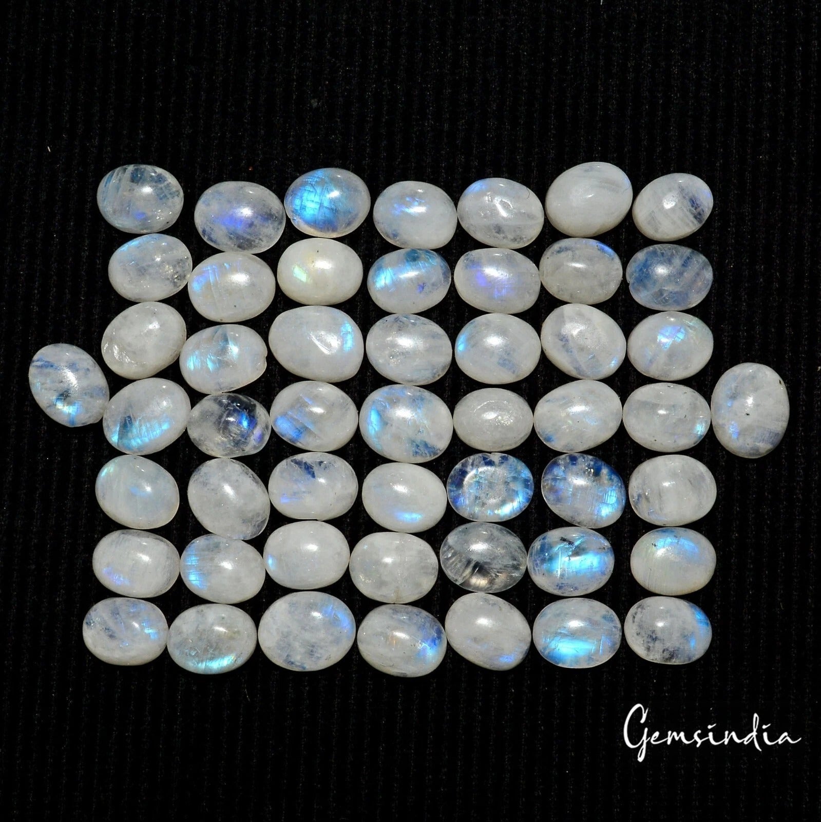 51 Pcs Natural Rainbow Moonstone 9-10mm Oval Blue Shines Cabochon Gemstones Lot