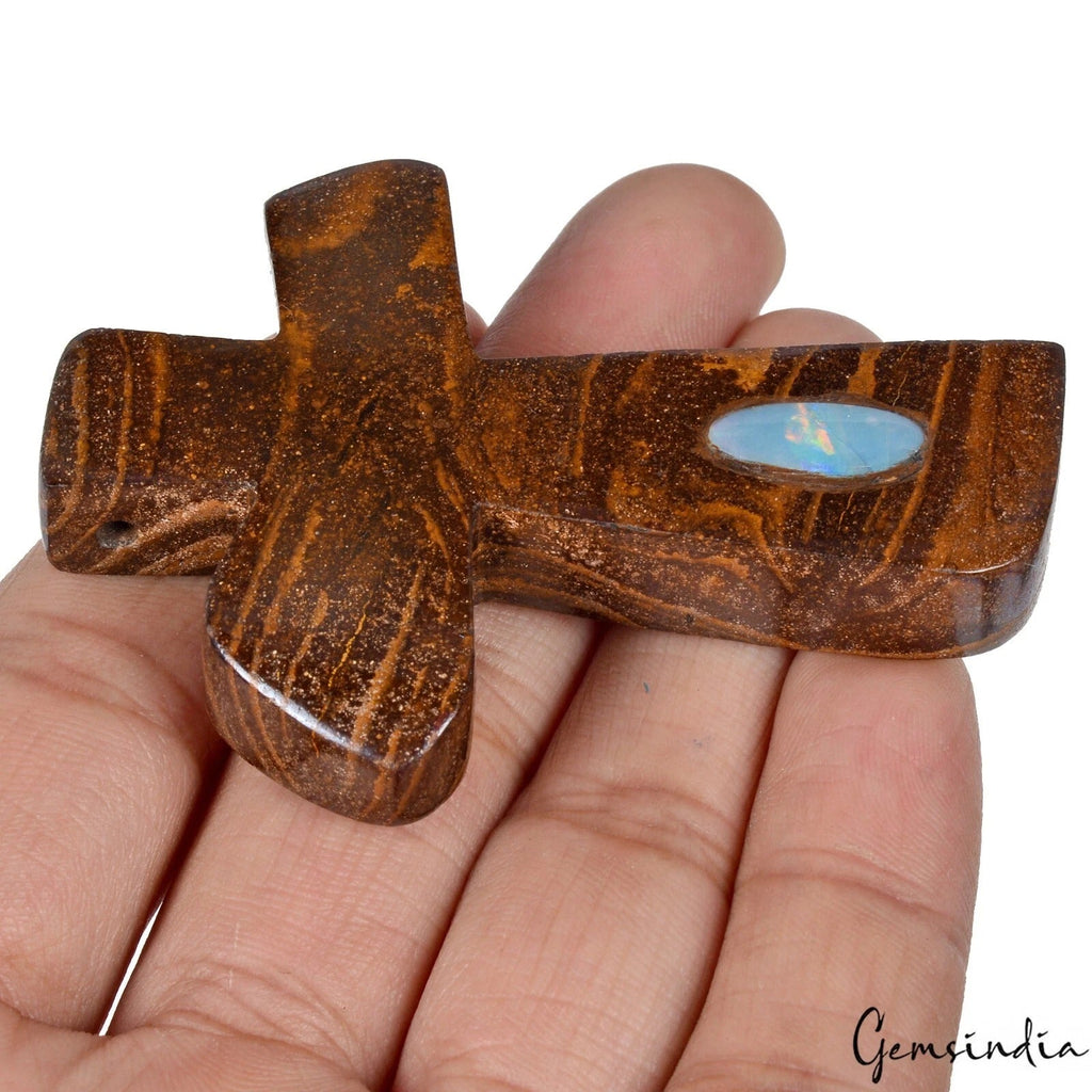 210 Ct Inlay Boulder Opal in Marium Jasper Gemstone Cross Christmas rare pendant