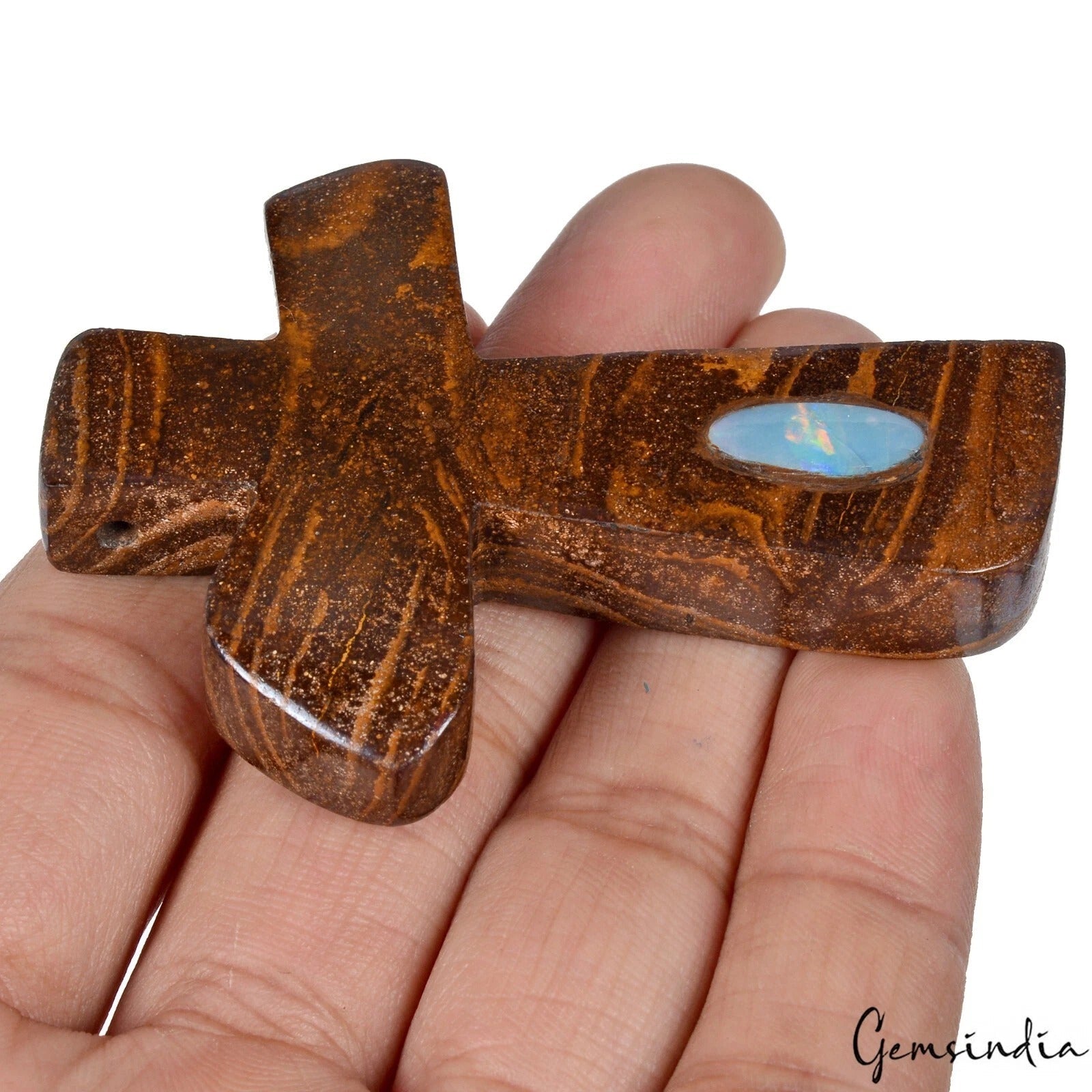 210 Ct Inlay Boulder Opal in Marium Jasper Gemstone Cross Christmas rare pendant