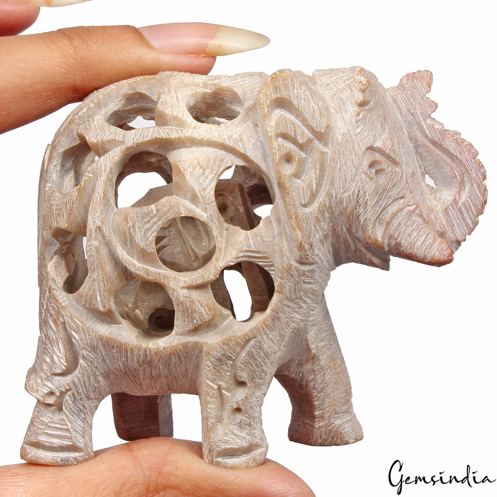 660 Ct Hand crafted Soapstone Filigree Trunk Up Elephant Home Decor Sculpture