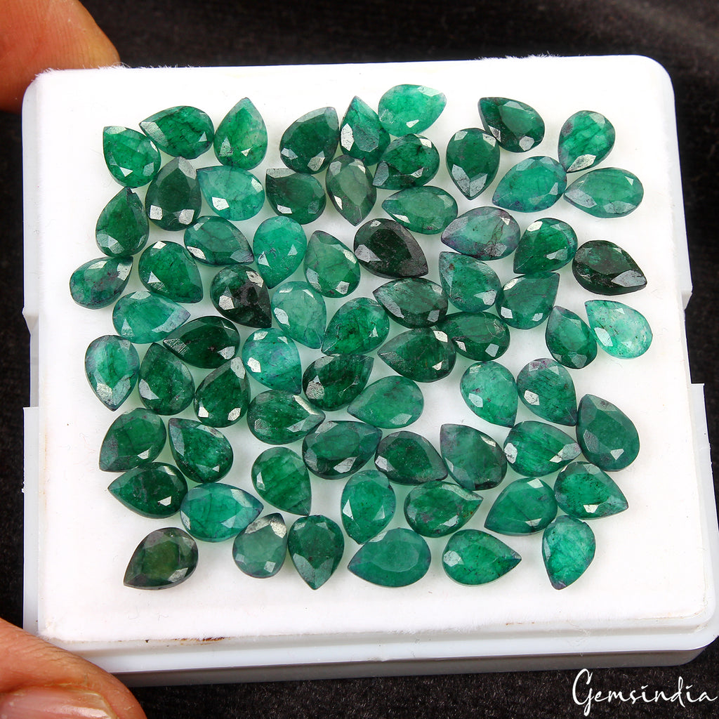 Emerald Lot, Loose Gemstone, Color Enhanced, Green — 68 Pieces, 7x5 mm, 42.60 Ct, Zambia