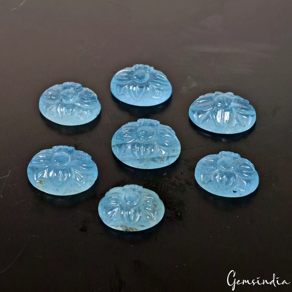 17.20 Ct/7 Pcs Natural Untreated Blue Aquamarine Oval Hand Carved Loose Gems Lot