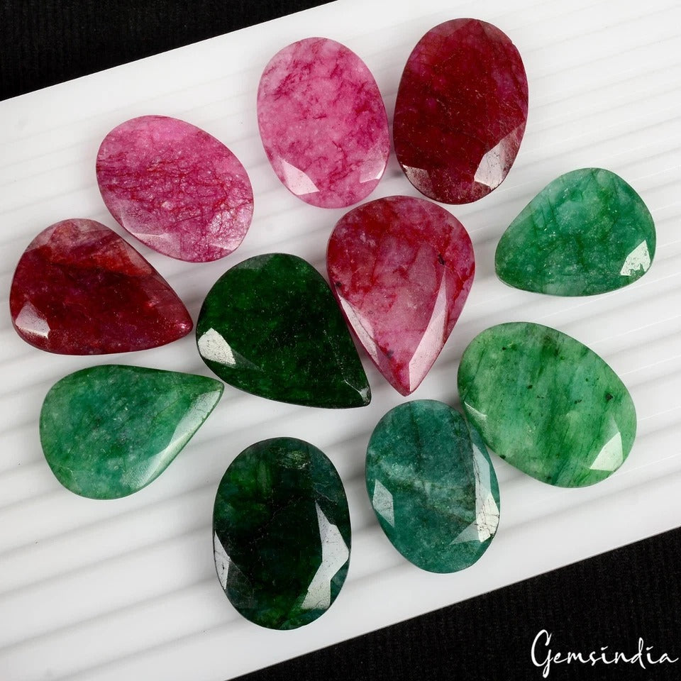 750 Ct/11 Pc Natural Red Beryl/Green Emerald Mix Cut Loose Pendant Size Gemstone
