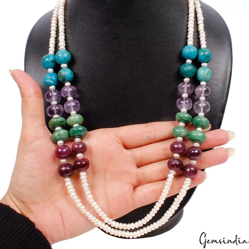 715 Ct Natural Multi Color Gems Round Beaded Double Strand Handmade Necklace 24"