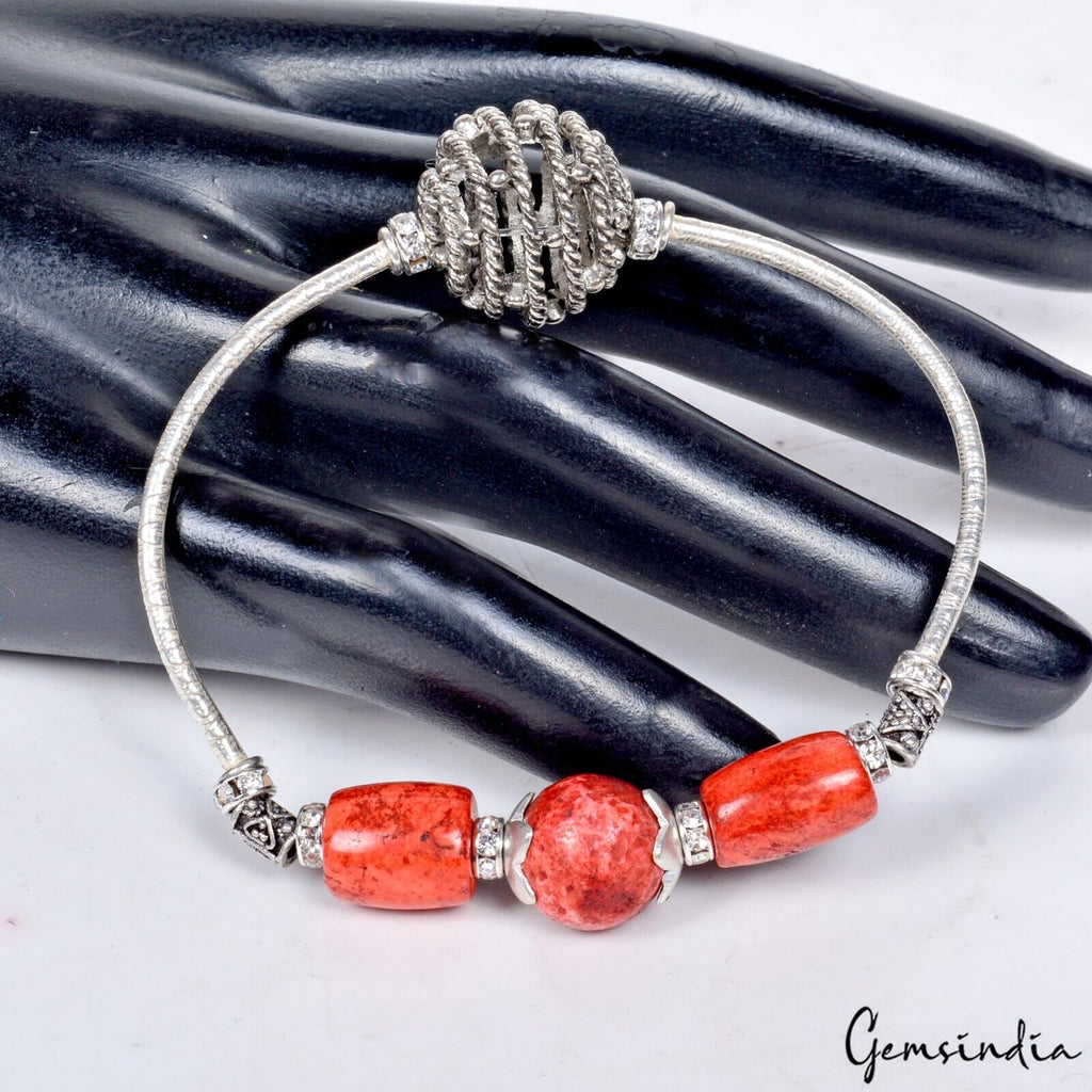 90.60 Cts Dark Orange Coral Gem Silver Stretchable Designer 6.5 Inch Bracelet