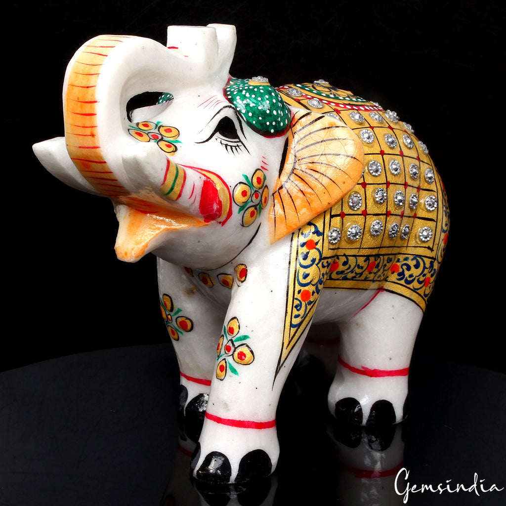 1.37 Kg Marble Elephant Statue Trunk Up Hand Paint Indian Art Home Deor Figurine