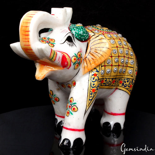 1.37 Kg Marble Elephant Statue Trunk Up Hand Paint Indian Art Home Deor Figurine