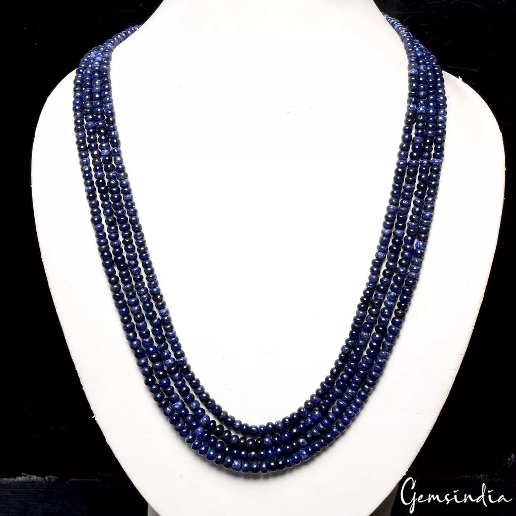 450 Ct Natural Dark Blue Sapphire Round Cab Beaded 4Strand Handmade Necklace 21"