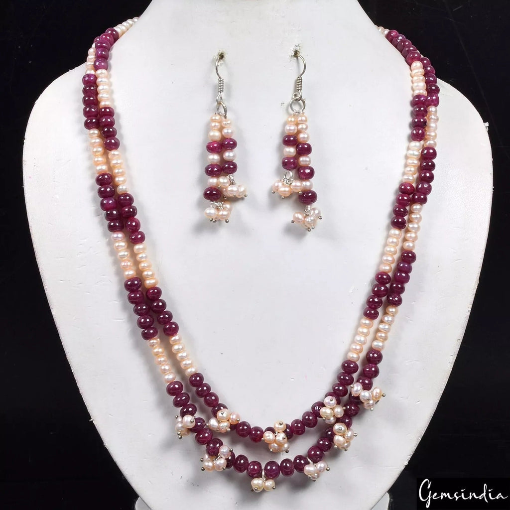 468.80 Ct Natural Red Ruby & Freshwater Pearl Beaded Handmade Necklace & Earring
