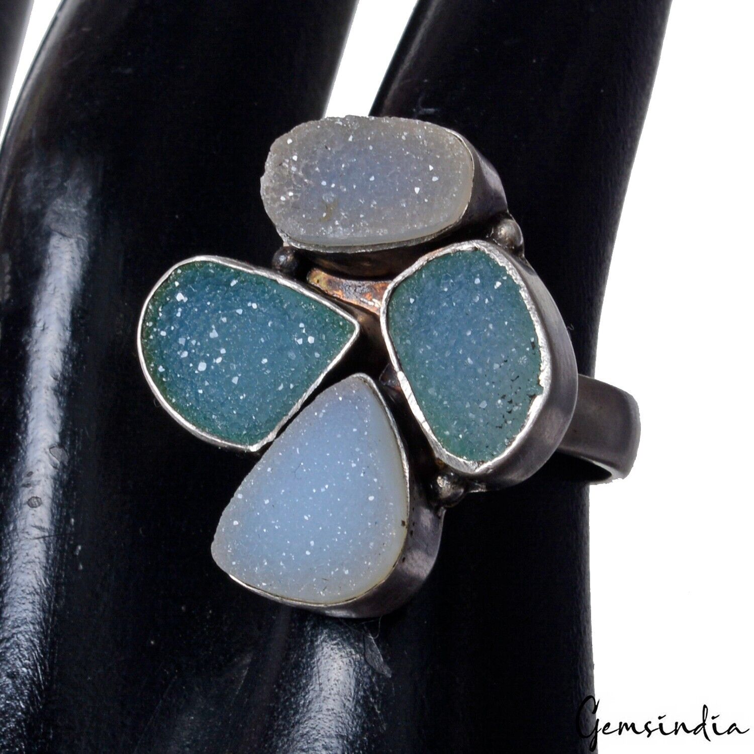 Onyx Drusy Sterling Silver Ring, Untreated, Silver — Size 6.5 US, 45.00 Ct (9.00 g)