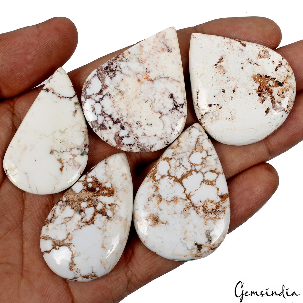 350 Ct/5 Pcs Natural Untreated Nevada White Buffalo Turquoise Pear Gemstones Lot