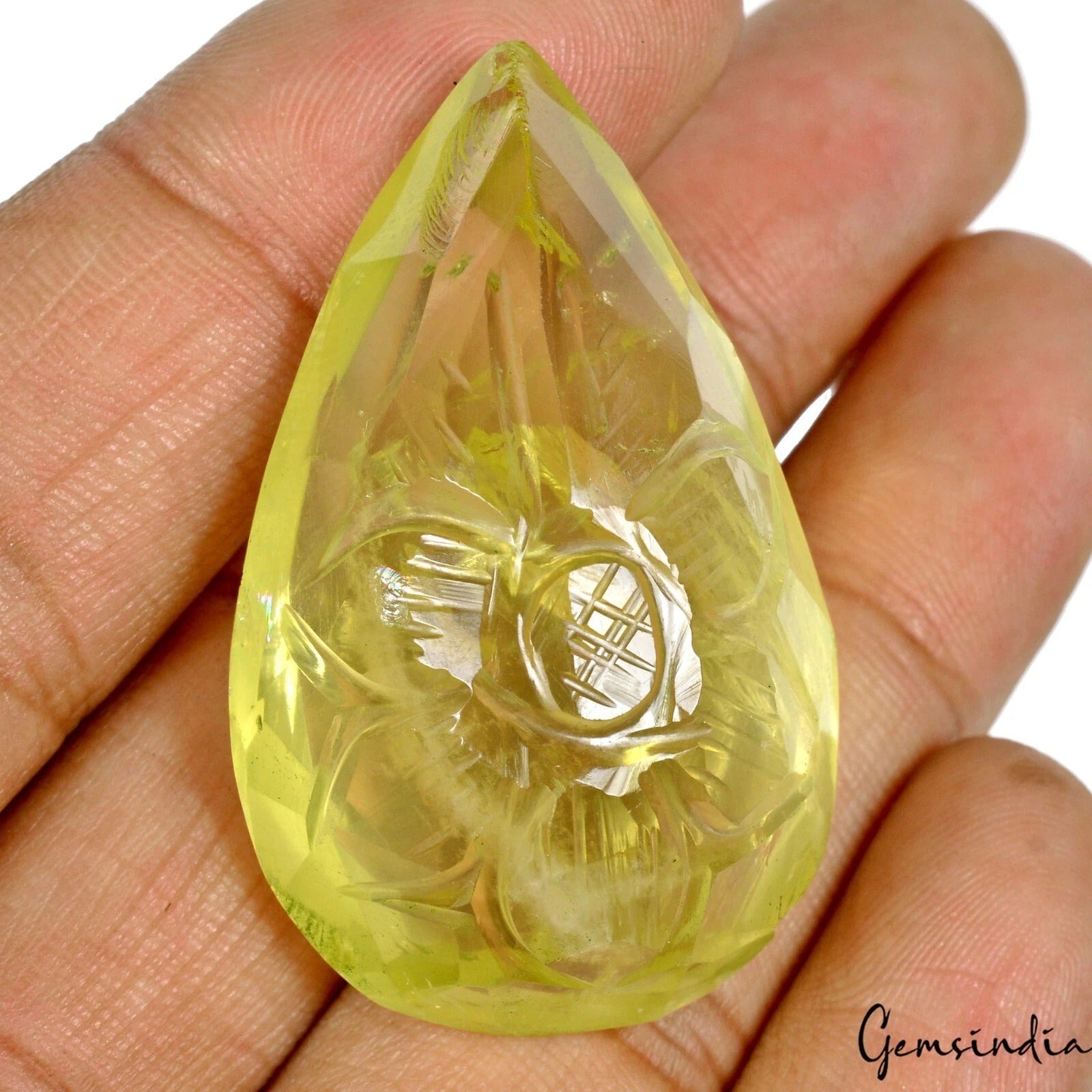 120 Cts Natural Lemon Citrine Quartz Pear Cut Hand Carved Loose Pendant Size Gem