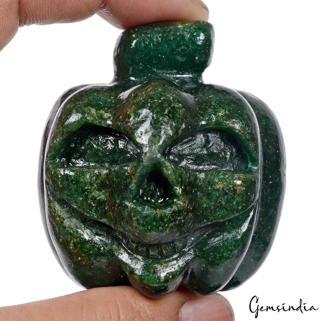 950 Ct Green Aventurine Pumpkin Jack O' Lantern Carved Gemstone Decor Sculpture