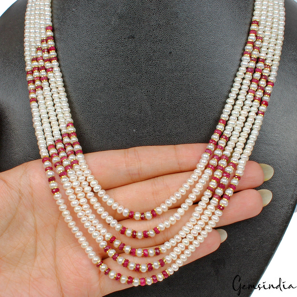 300 Cts Genuine Ruby & Pearl Multi Strands Beaded Handmade Women Necklace 22"