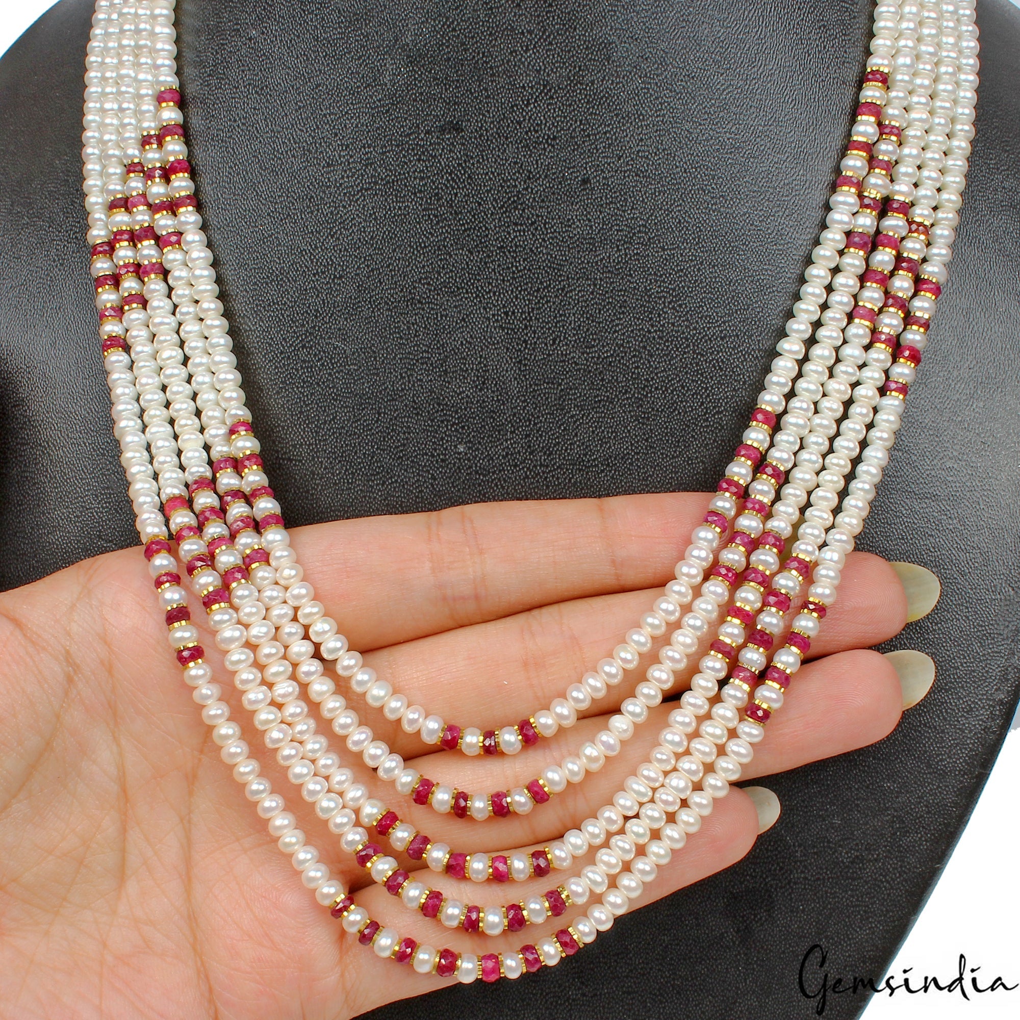 300 Cts Genuine Ruby & Pearl Multi Strands Beaded Handmade Women Necklace 22"