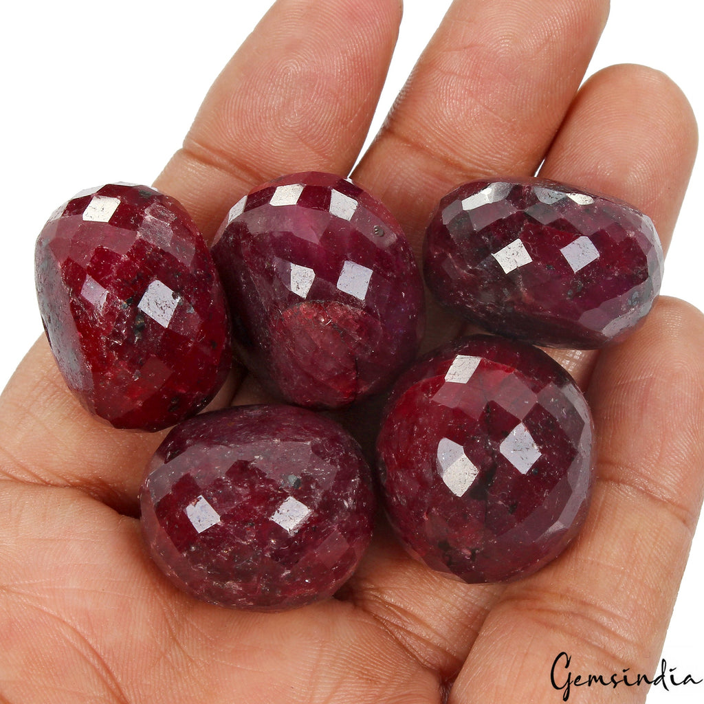 700 Cts/5 Pcs Natural Rich Red Ruby Huge Round Checker Cut Loose Drilled Beads