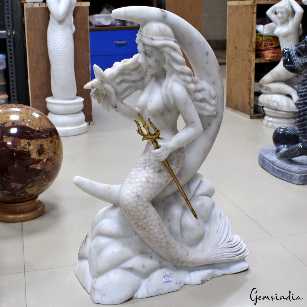 Beautiful Large White Marble Mermaid On The Moon Statue 22" tall Sculpture